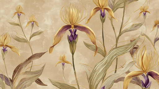 Papier peint floral Motifs botaniques beiges et dorés