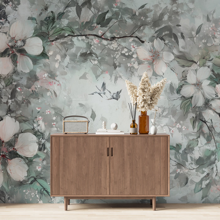 Papier peint floral | Élégance pastel et oiseaux délicats