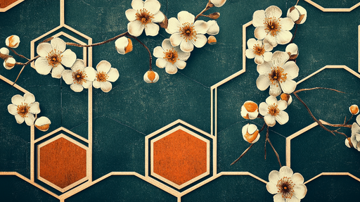 Papier peint floral géométrique Fleur de cerisier sur fond vert et orange