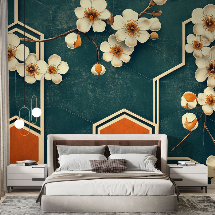 Papier peint floral avec fleurs blanches et motifs géométriques pour chambre moderne