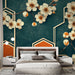 Papier peint floral avec fleurs blanches et motifs géométriques pour chambre moderne