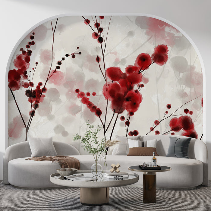 Papier peint floral rouge | Éclat de baies sur fond doux