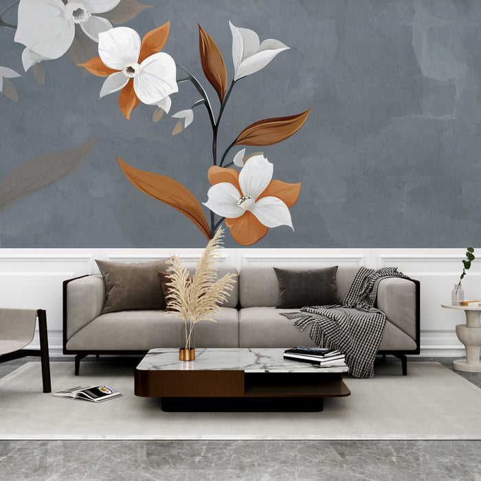 Papier peint floral | Fleurs blanches et orangées sur fond gris