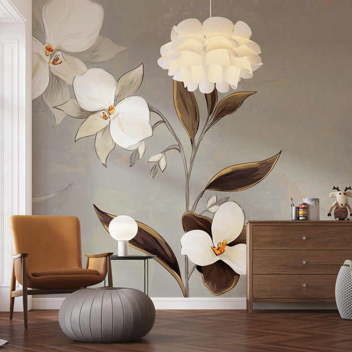 Papier peint orchidée | Élégance florale beige et brun