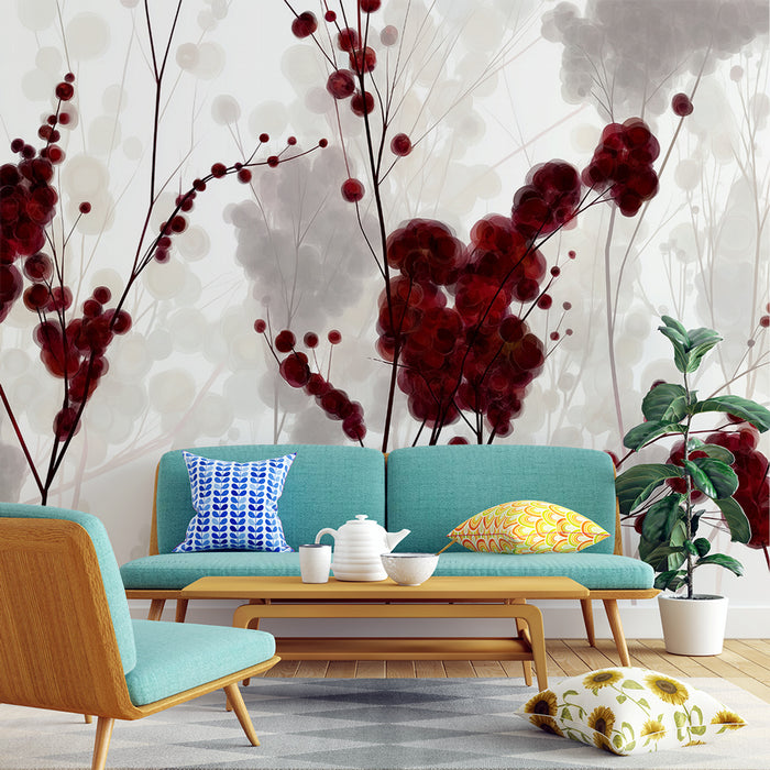 Papier peint floral | Design artistique de baies rouges