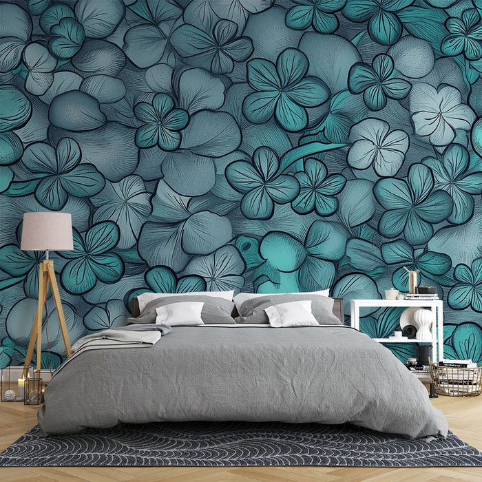 Papier peint floral | Motif Trèfle Vert et Bleu