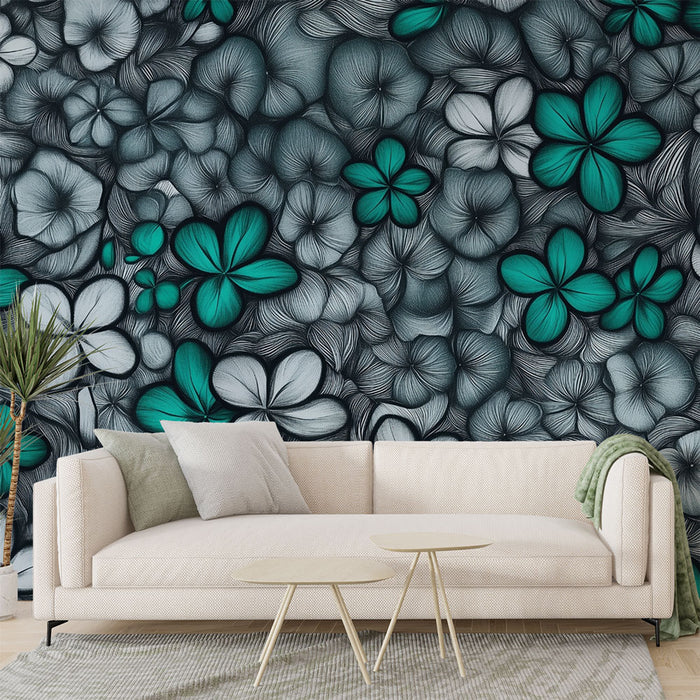 Papier peint floral | Design en nuances de turquoise et gris