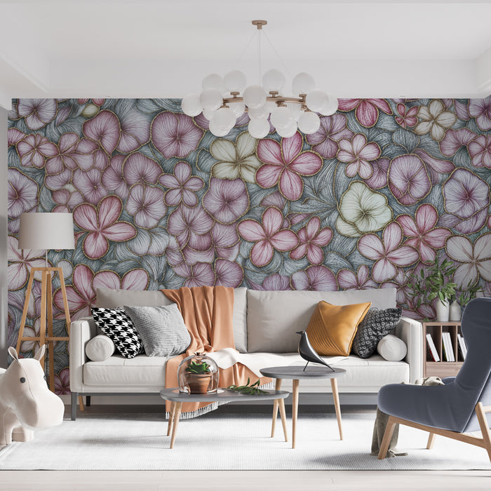 Papier peint floral | Éclat rose et gris