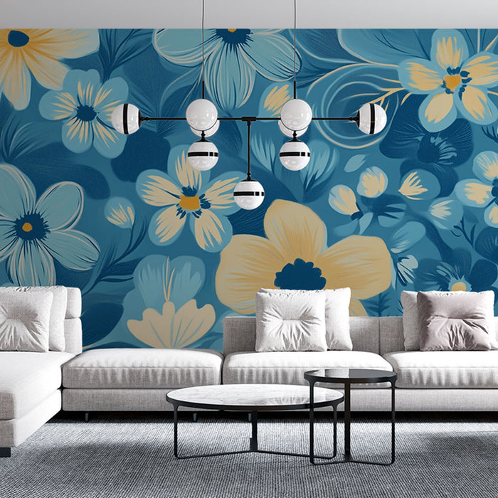 Papier peint floral | Design bleu et jaune