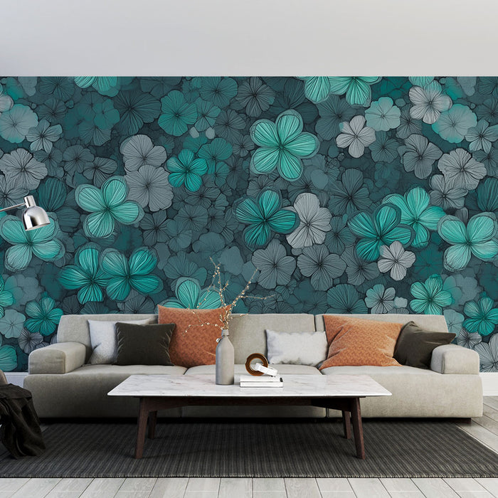 Papier peint floral | Motif de fleurs turquoise et gris