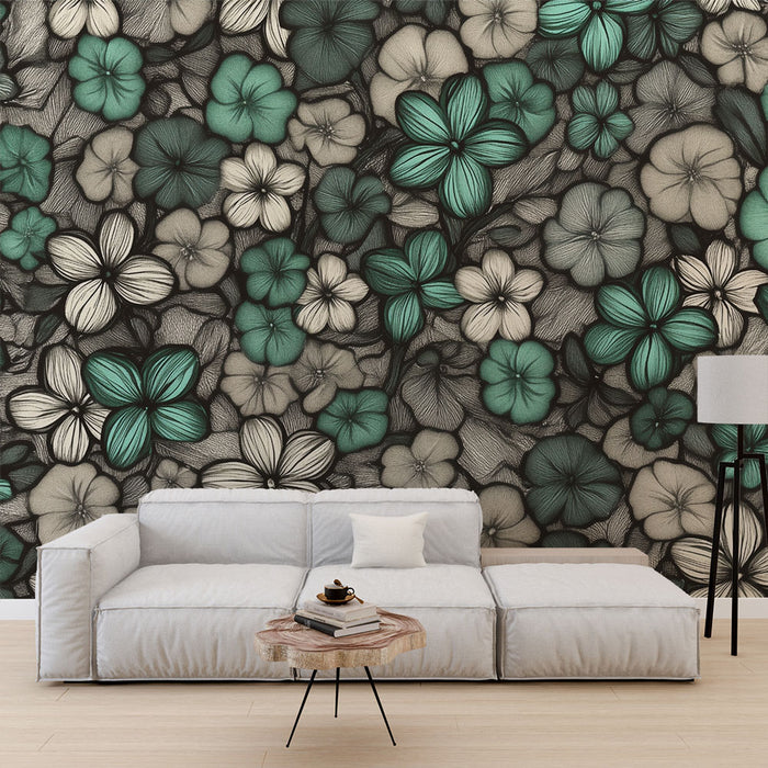 Papier peint floral | Motifs fleuris turquoise et beige