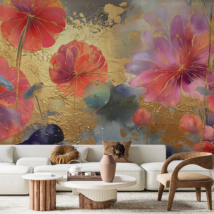Papier peint floral | Éclat doré et couleurs vibrantes