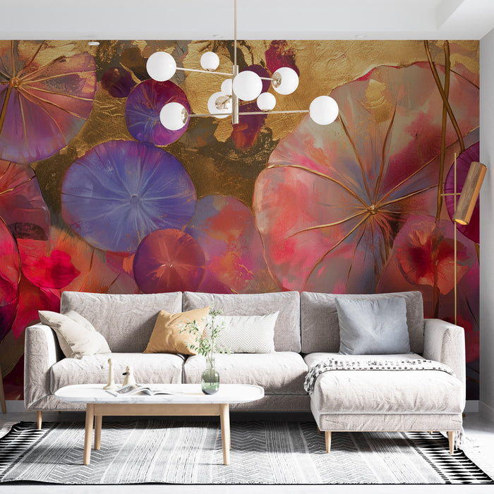 Papier peint floral vibrant | Couleurs éclatantes et fond doré