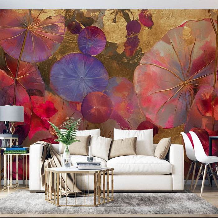 Papier peint floral abstrait | Éclat de couleurs et dorure