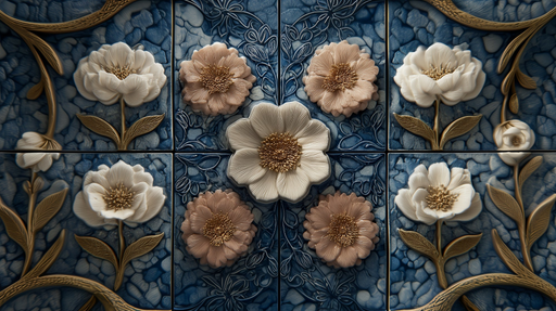 Papier peint floral Relief artistique sur fond bleu