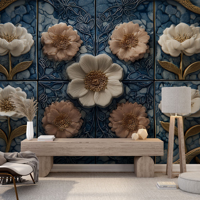 Papier peint floral | Relief artistique sur fond bleu