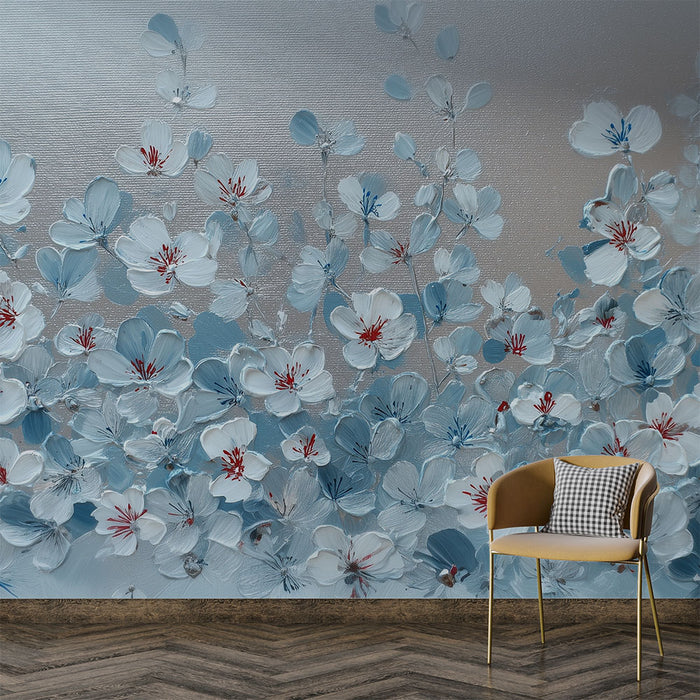 Papier peint floral | Fleurs blanches et bleues