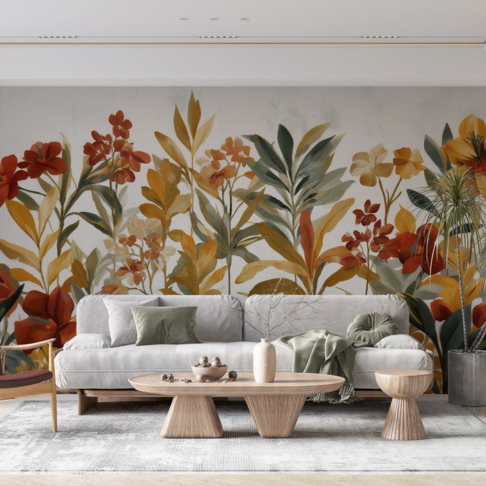 Papier peint floral | Fleurs rouges et jaunes sur fond blanc