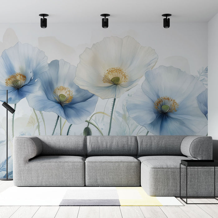 Papier peint floral bleu et blanc avec grandes fleurs pour salon moderne