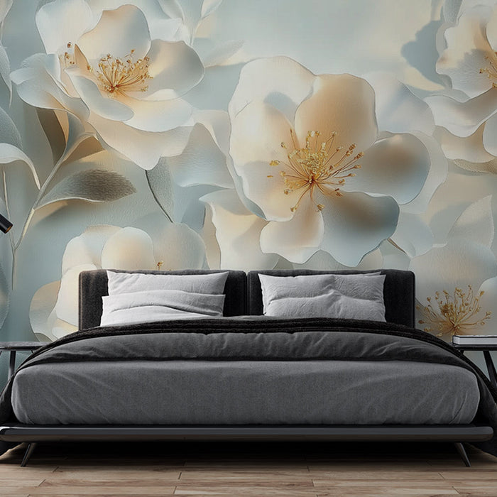 Papier peint floral | Fleurs en relief blanches sur fond pastel