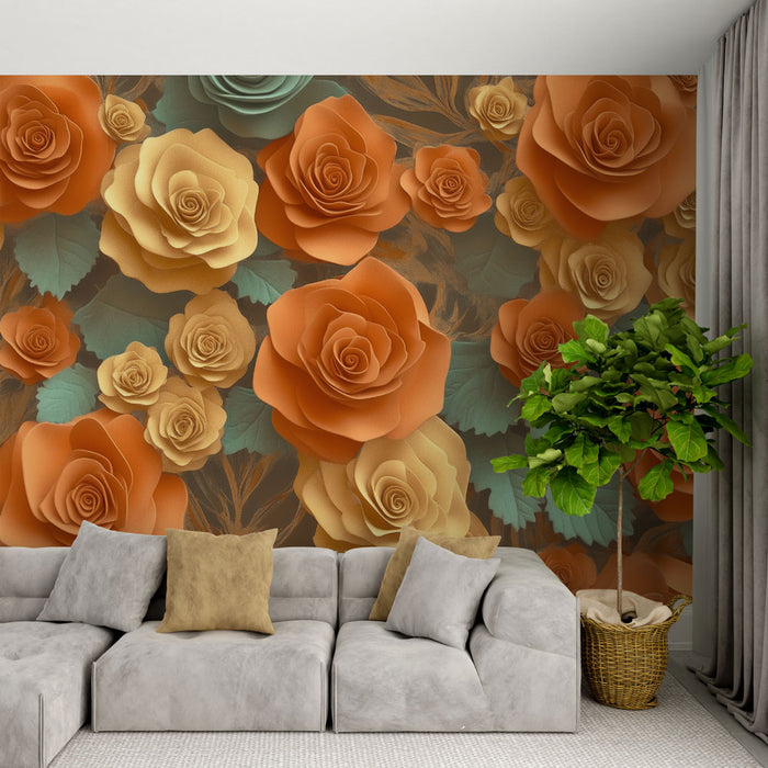 Papier peint floral | Roses orange et or