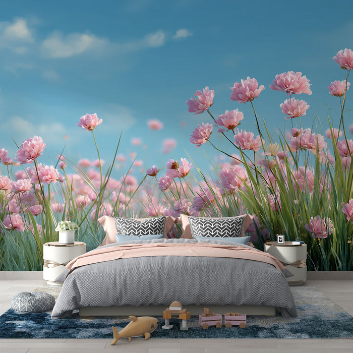 Papier peint floral | Champ de fleurs roses