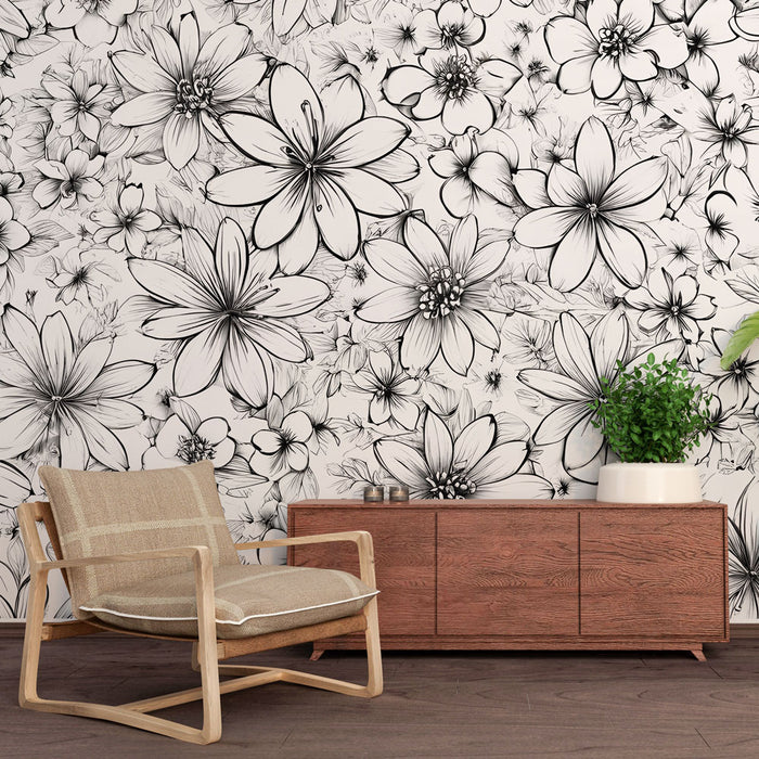 Papier peint floral | Design en noir et blanc