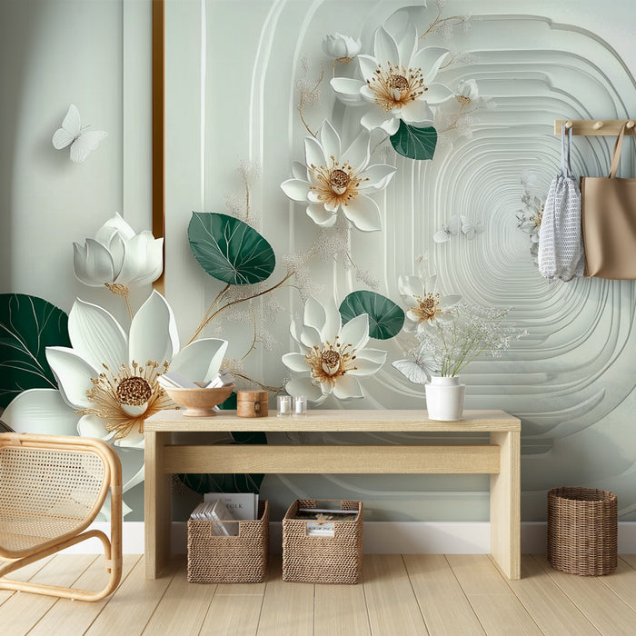 Papier peint floral en 3D | Élégance florale avec papillons