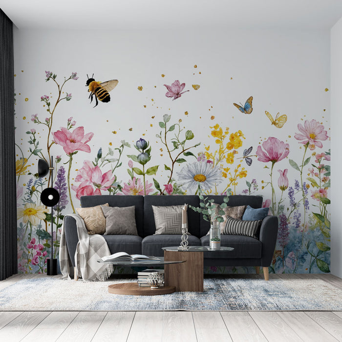Papier peint floral aquarelle | Design champêtre avec insectes