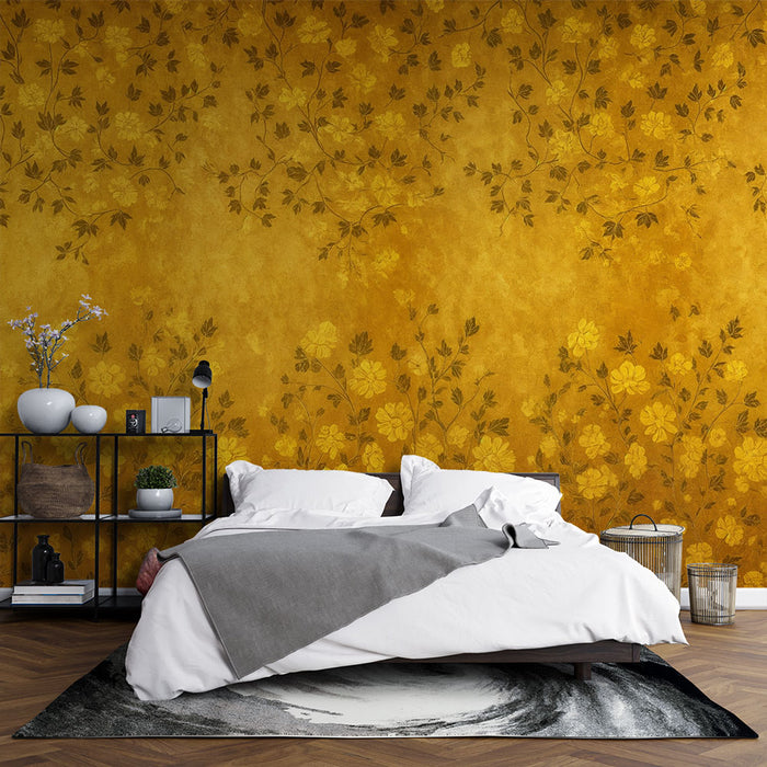 Papier peint floral | Motif vintage doré