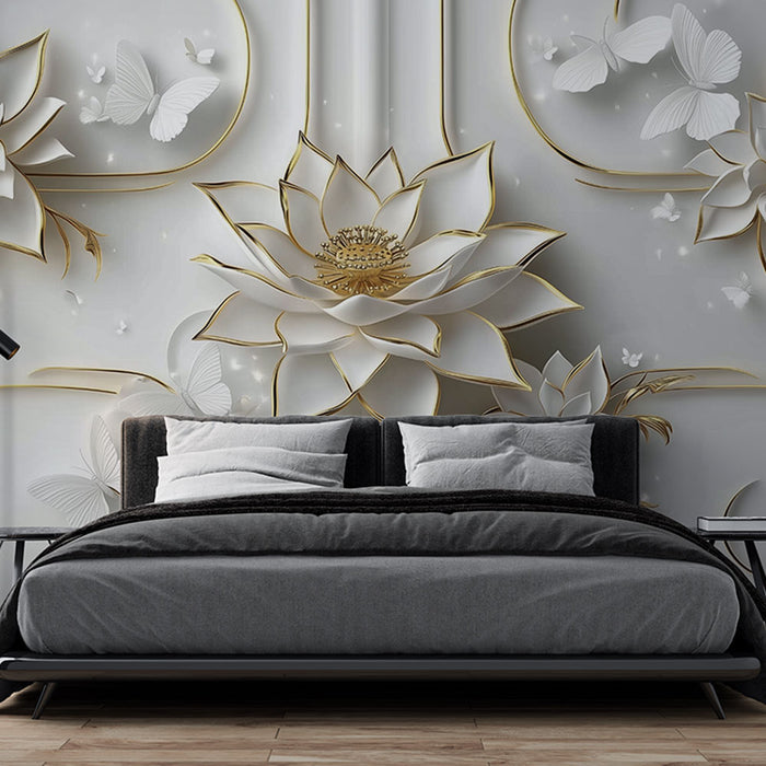 Papier peint floral | Élégance blanche et dorée