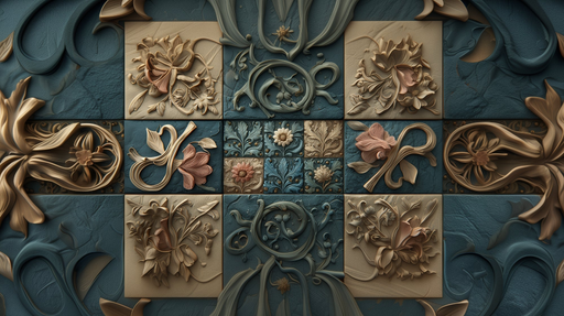 Papier peint baroque floral Élégance sculptée bleu et or