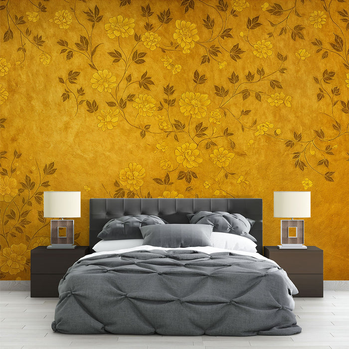 Papier peint floral doré | Élégance florale sur fond doré