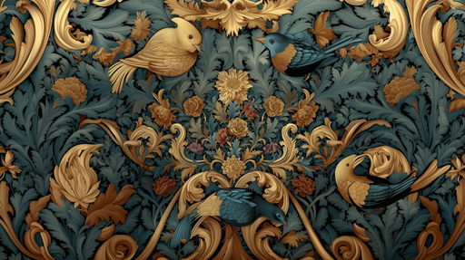 Papier peint baroque oiseaux Luxuriance en Bleu et Or