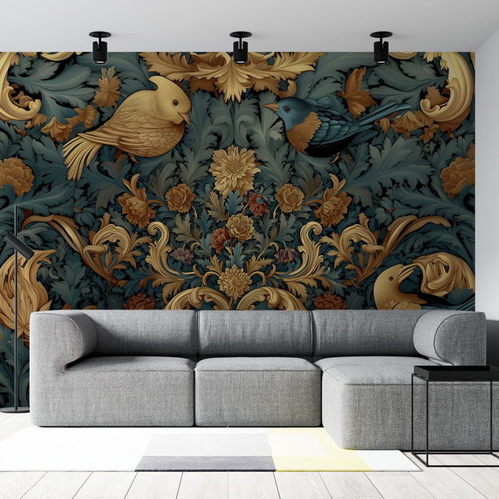 Papier peint baroque oiseaux | Luxuriance en Bleu et Or
