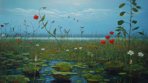 Papier peint marécage fleuri Paysage de nénuphars et de fleurs sauvages