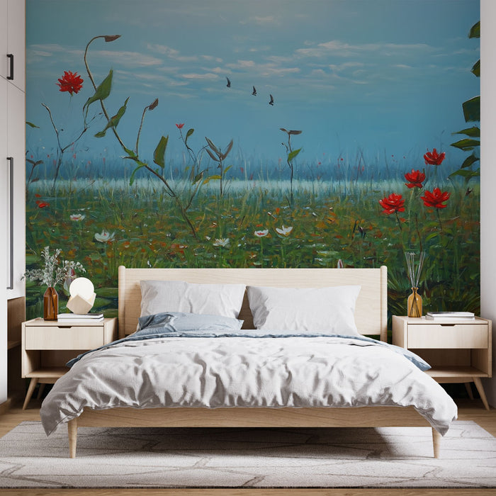 Papier peint marécage fleuri | Paysage de nénuphars et de fleurs sauvages