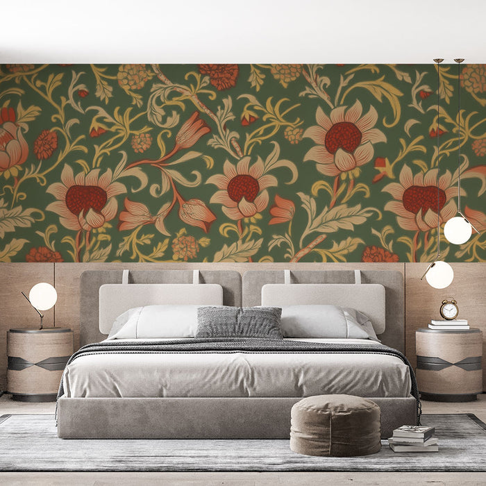 Papier peint floral vintage | Motifs floraux sur fond vert
