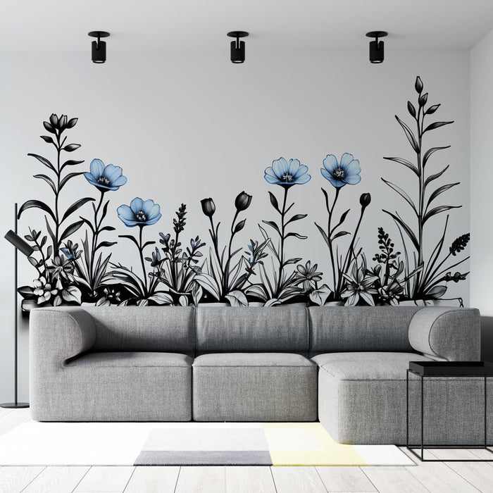 Papier peint floral | Design élégant en noir et bleu