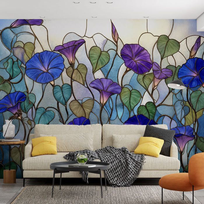 Papier peint vitrail floral | Motif de liserons bleus