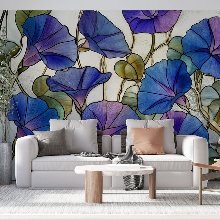 Papier peint vitrail | Motif fleurs de liseron bleues