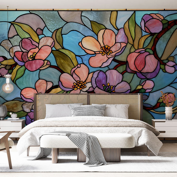 Papier peint Vitrail floral | Tableau coloré en verre