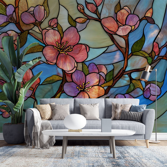 Papier peint vitrail floral | Motifs de fleurs de cerisier
