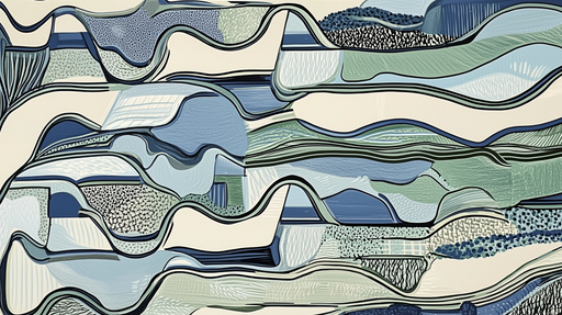 Papier peint abstrait Paysage ondulé en tons bleus et verts