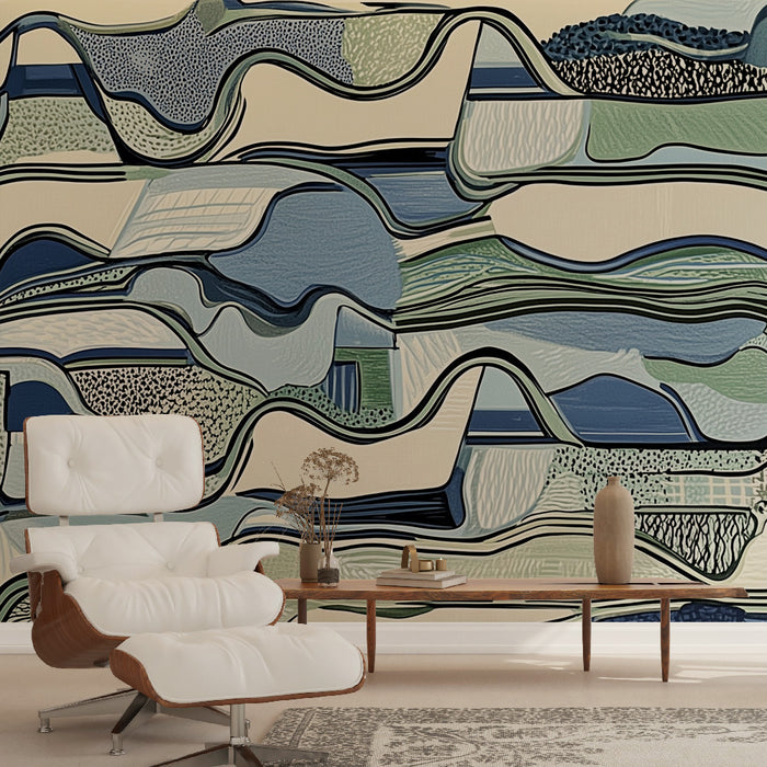 Papier peint abstrait | Paysage ondulé en tons bleus et verts