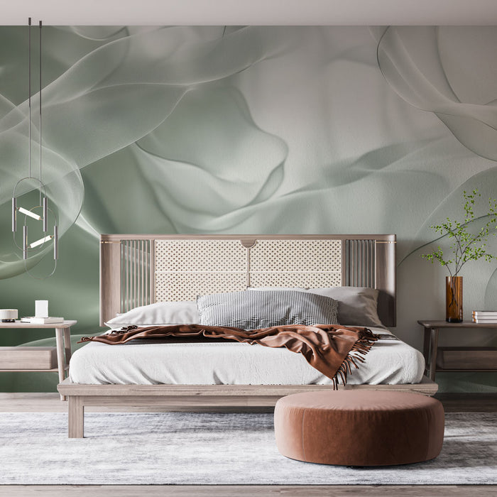 Papier peint vert pastel avec motifs abstraits fluides pour chambre moderne et élégante