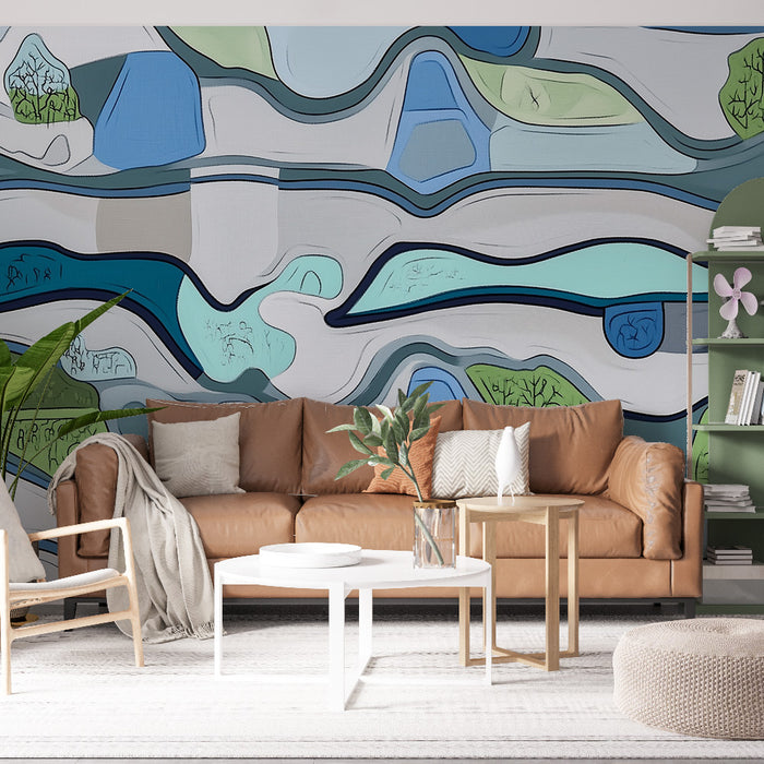 Papier peint abstrait | Motifs ondulés bleus et verts