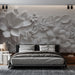 Papier peint mural 3D floral en relief avec fleurs blanches pour chambre moderne et élégante