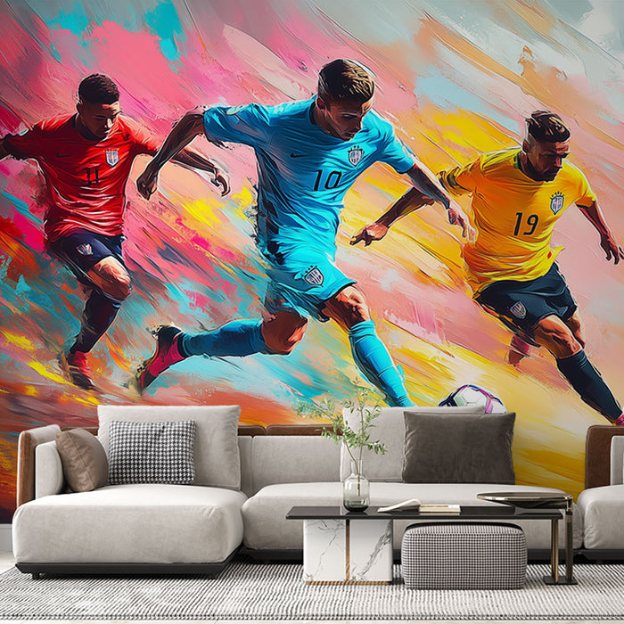 Papier peint mural sportif avec joueurs de football en action pour salon moderne.
