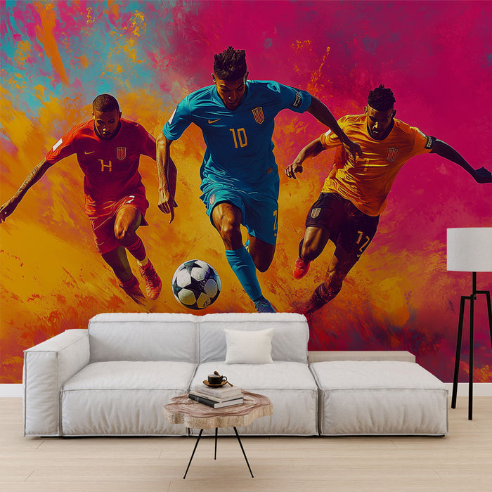 Papier peint mural dynamique avec joueurs de football en action pour salon moderne